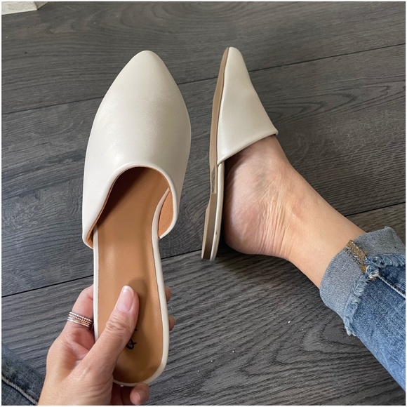 Shoes - Off White Vegan Leather Slip on Flats Mules